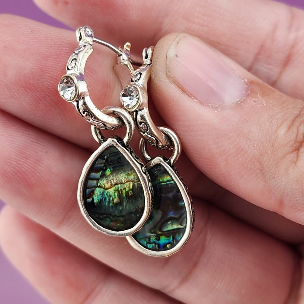 Silver Tone Abalone Look Teardrop Dangle Earrings Scrollwork Rhinestone
